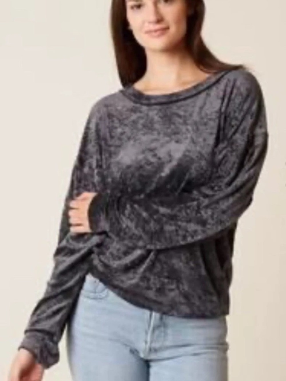 We The Free Charcoal Crushed Velvet Long Sleeve Top